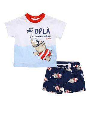 Boys White & Blue Printed T-Shirt with Short Pants